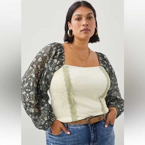 Anthropologie Smocked Balloon Sleeve Top Moss Green Size XL - Picture 2 of 7